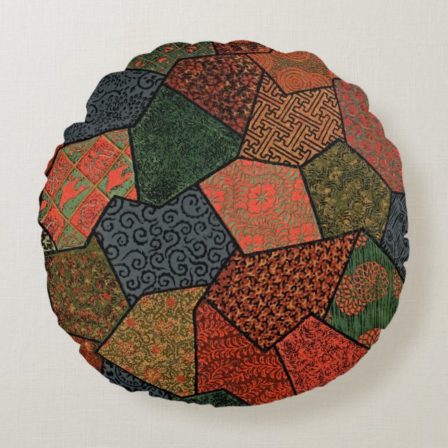 Coussin rond en patchwork japonais Wabi-Sabi (Devant)