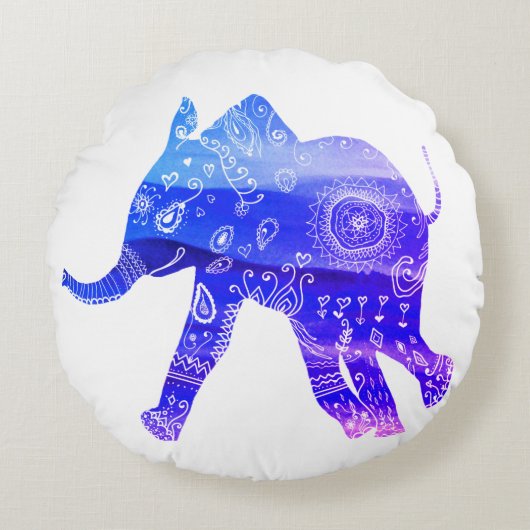 Coussin rond en polyester brossé Mandala Eléphant (Devant)