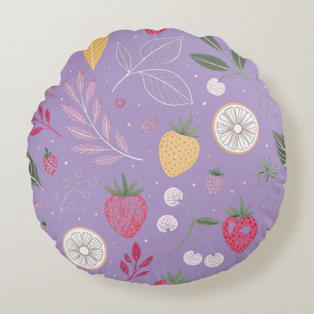 « Coussin Rond Fleurs Fruit Pourpre » (Devant)