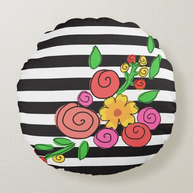 coussin rond floral de rayures modernes (Devant)