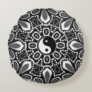 Coussin rond géométrique blanc noir tribal de Yi