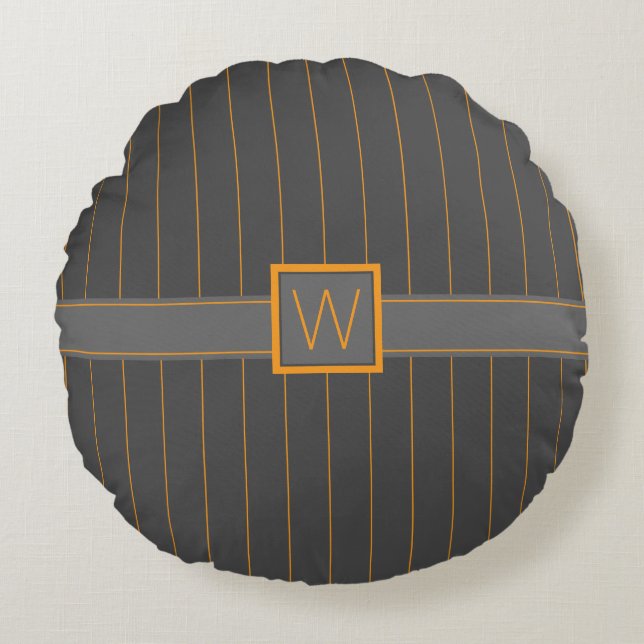 Coussin rond gris avec rayures orange (Devant)