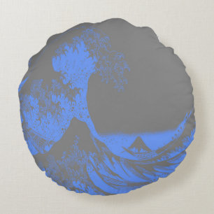 Coussin rond La Grande Vague Bleu & Gris