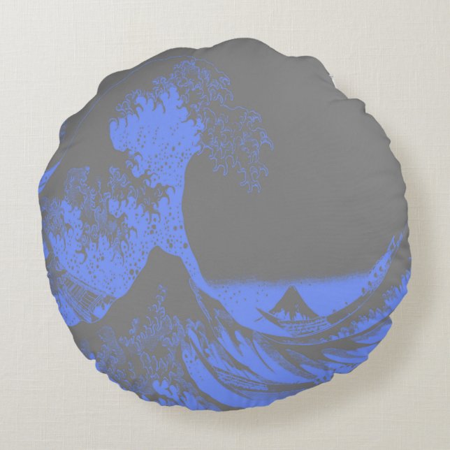 Coussin rond La Grande Vague Bleu & Gris (Dos)