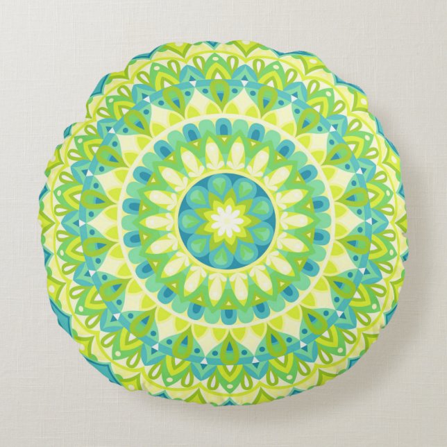 Coussin rond Mandala de base verte (Devant)