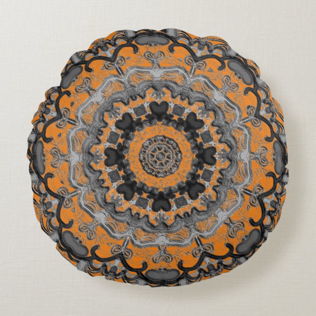 Coussin rond Mandala noir et orange (Devant)