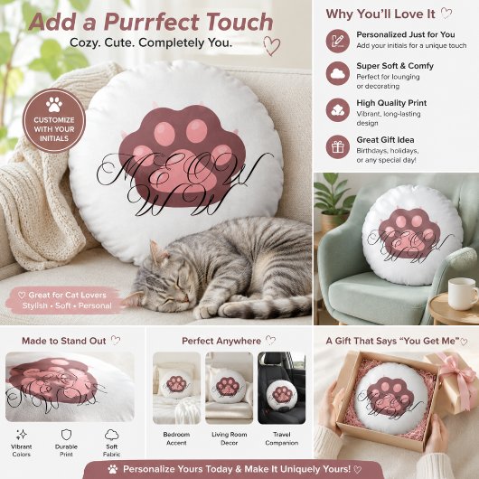 Coussin rond « Meow » empreinte de patte de chat |