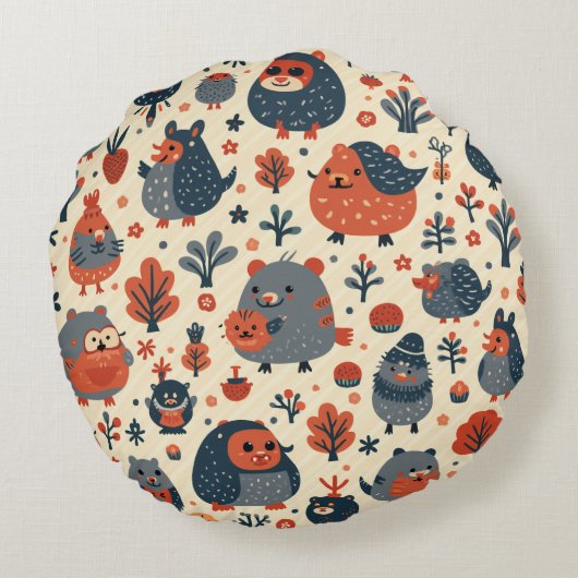 Coussin rond mignon avec hérisson et petits animau (Dos)