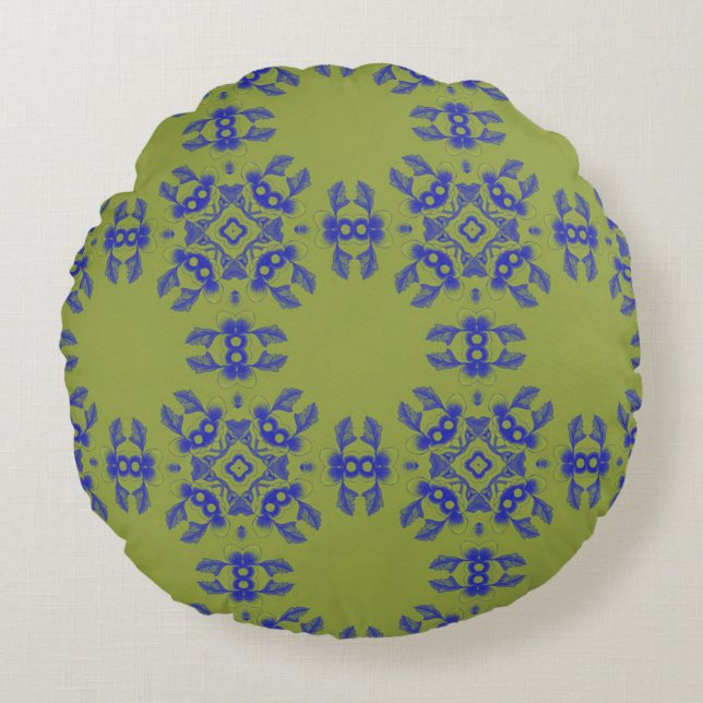 Coussin rond motif coréen bleu olive (Devant)