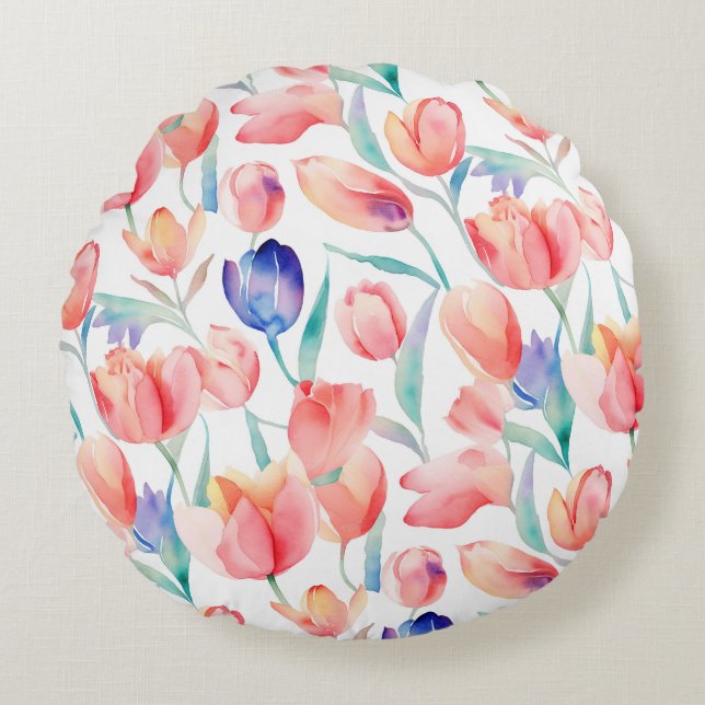 Coussin rond Motif Tulipes aquarelles (Devant)