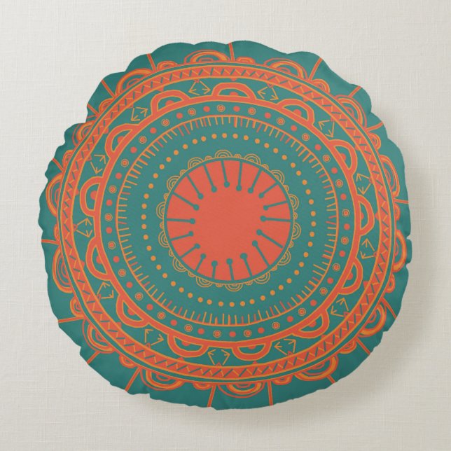 Coussin rond orange et turquoise de Bohème (Devant)