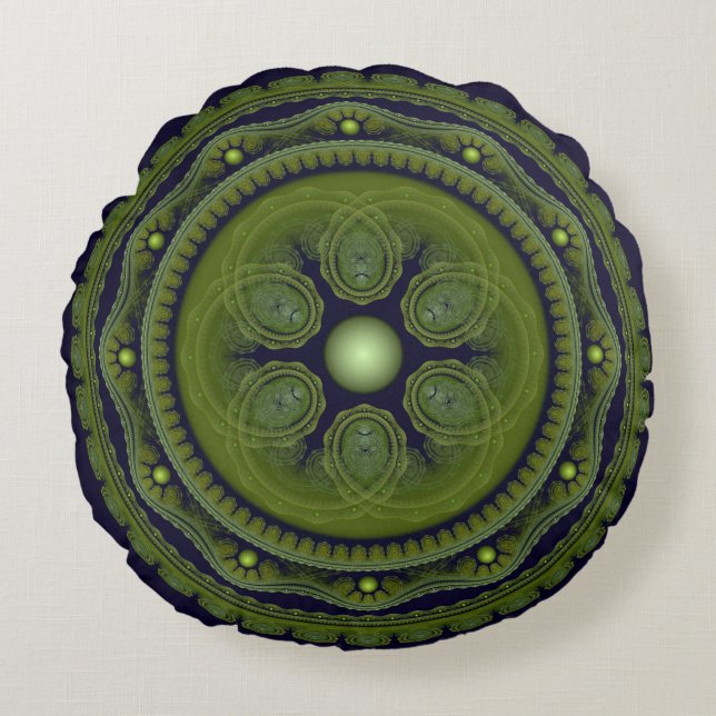 Coussin rond orné vert fractal orné (Devant)