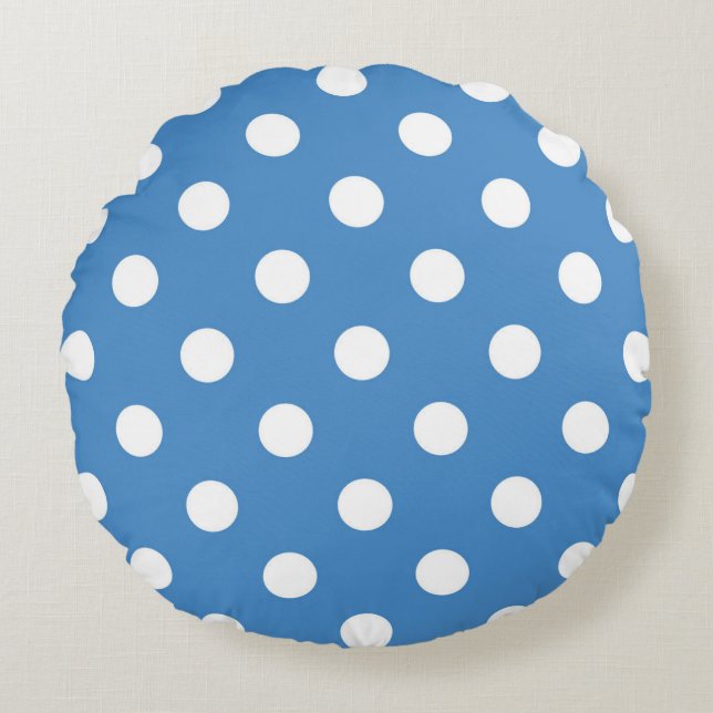 Coussin rond Polka blanc et bleu (Devant)