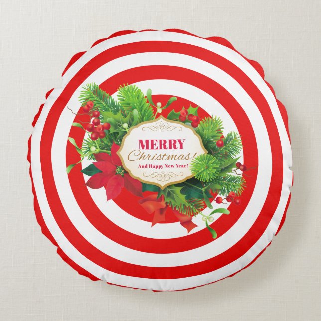 Coussin rond rayé rouge Noël (Devant)