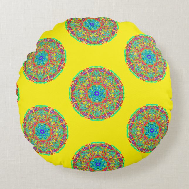 Coussin rond réversible Mandala Boho bleu jaune (Devant)