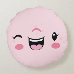 Coussin rond rose Kawaii face rose