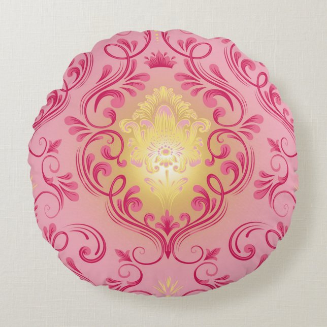 Coussin Rond Rose, Rouge et Jaune Damassé (Devant)