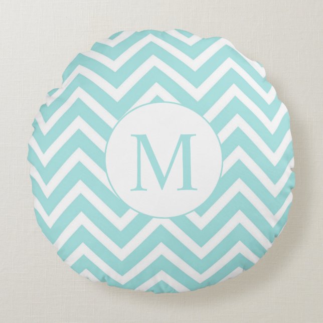 Coussin rond, Seafoam et blanc de monogramme de (Devant)