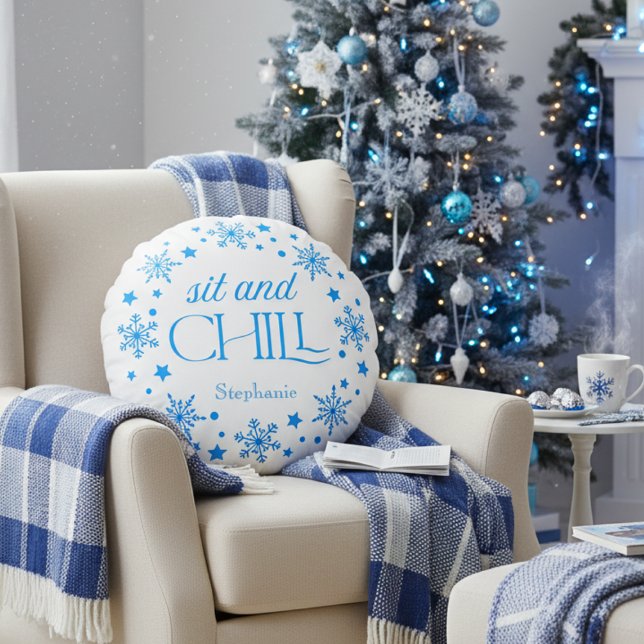 Coussin rond Snowflake Holiday (Blue Holiday Snowflake personalized pillow)