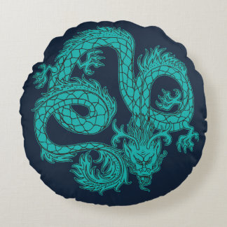 Coussin rond turquoise dragon de l'Est bleu marine