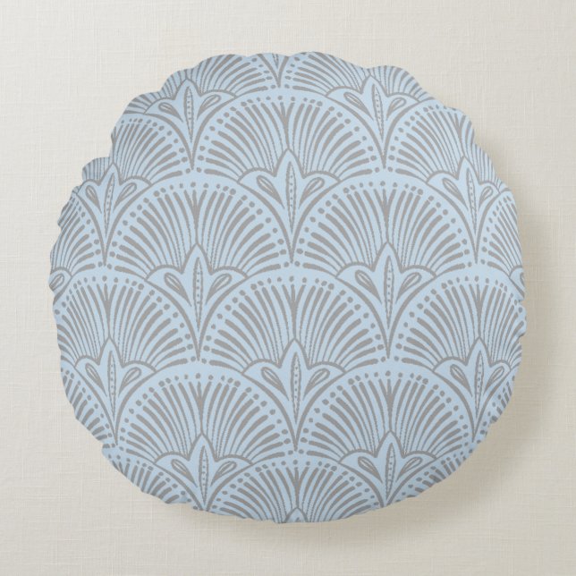 Coussin ronde avec Motif de ventilateur gris et bl (Devant)