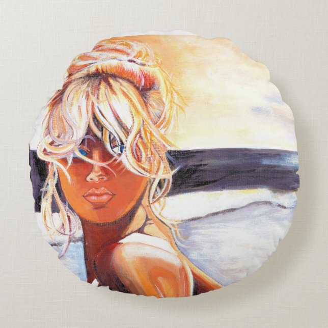 Coussin ronde avec une peinture unique de fille bl (Devant)