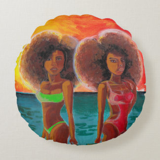 Coussin ronde peinture unique de deux filles de pl