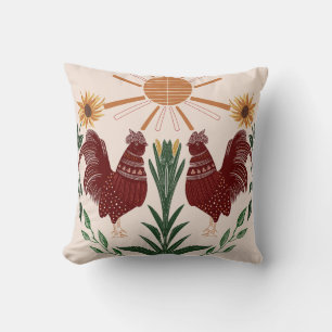Coussin Rooster d'art populaire ensoleillé Conception symé