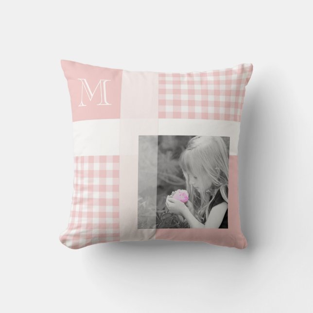Coussin Rose Ajouter Votre Photo En vichy Monogramme Moder (Recto)
