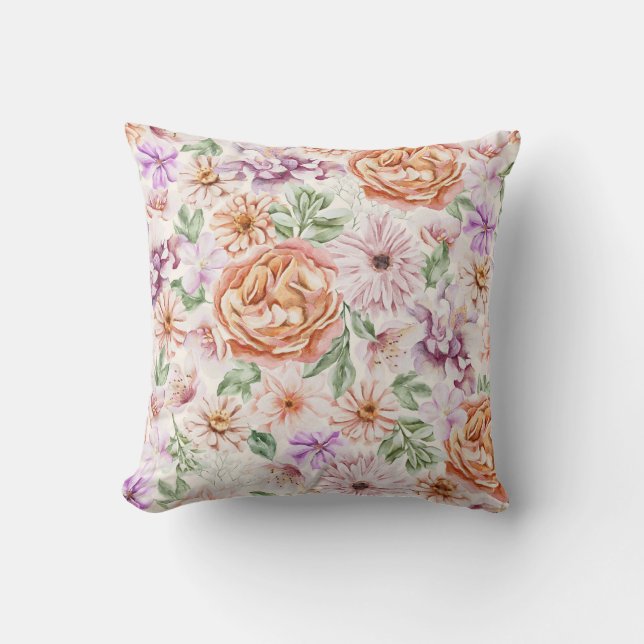 Coussin Rose ancienne aquarelle abricot et fleurs violette (Recto)