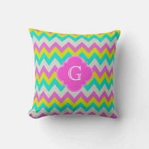 Coussin Rose Aqua Jaune Blanc Chevron Quatrefeuilles Monog