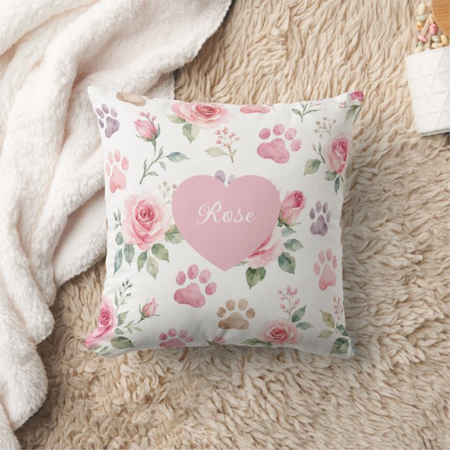 Coussin Rose aquarelle & empreinte de patte avec nom perso (Couverture)