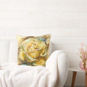 Coussin Rose aquarelle jaune et verte agrandie