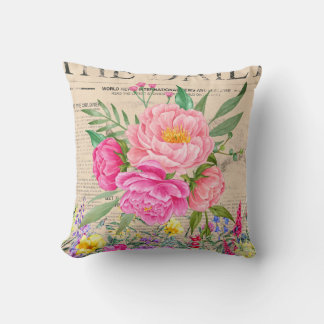 Coussin Rose, Aquarelle, Journaux Vintages