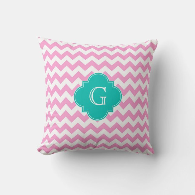 Coussin Rose Blanc Chevron Zigzag Sarcelle Quatrefeuille M (Recto)