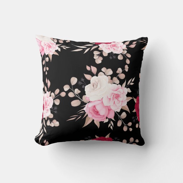 Coussin rose, blanc floral noir sol (Recto)