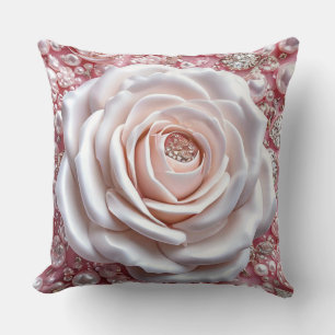 Coussin Rose Blanche Élégante et Perles Roses Brillantes