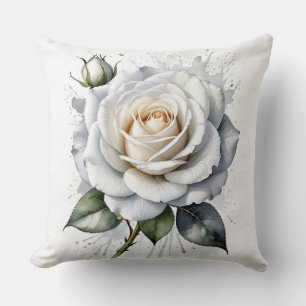 Coussin Rose blanche et rosebud, Feuilles d'argent