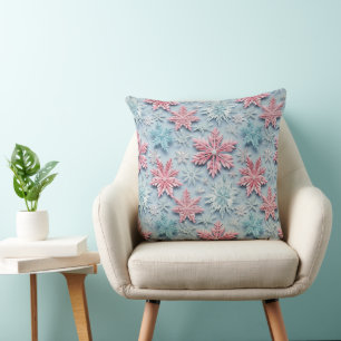 COUSSIN ROSE & BLEU HIVER EMBROIDÉE LOOK FLAKES À NEIGE