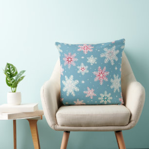 COUSSIN ROSE & BLEU HIVER EMBROIDÉE LOOK FLAKES À NEIGE