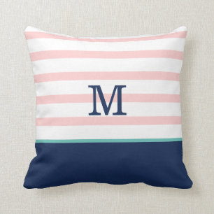 Coussin Rose, bleu marine et monogramme Turquoise
