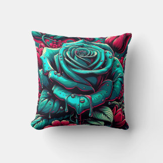 Coussin "Rose bleu stylisé avec Raindrops"