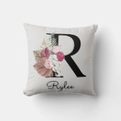 Coussin Rose Boho Girly Florale Initiale R Monogramme (Recto)