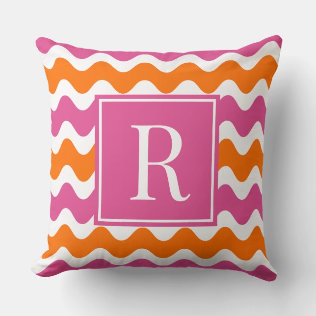 Coussin Rose Chaude & Orange Prépa Rayure Monogramme Ric R (Recto)
