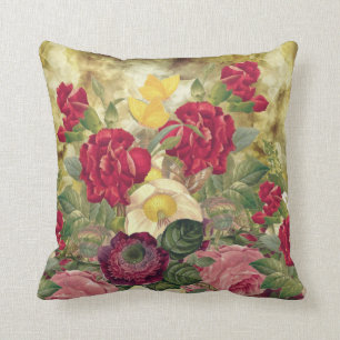 Coussin Rose classique en floraison rouge, jaune, Bourgogn
