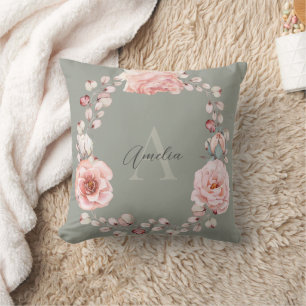 Coussin Rose d'aquarelle Wreath personnalisée   Vert sage