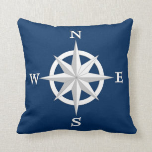 Coussin rose de boussole 8-Point, blanc et bleu marine