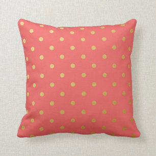 Coussin Rose de corail moderne de pois de feuille d'or