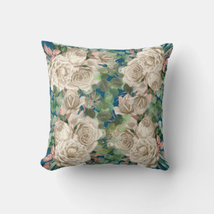 COUSSIN ROSE DE CRÈME EUCALYPTUS FLORAL BOTANICAL BLEU