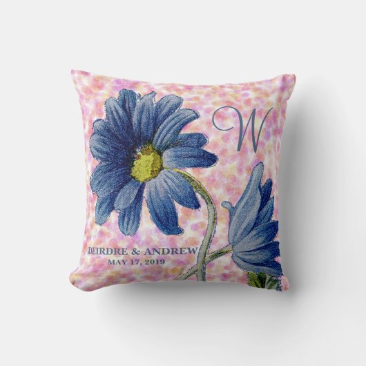 Coussin Rose de marguerite bleu romantique Monogramme Mari (Recto)